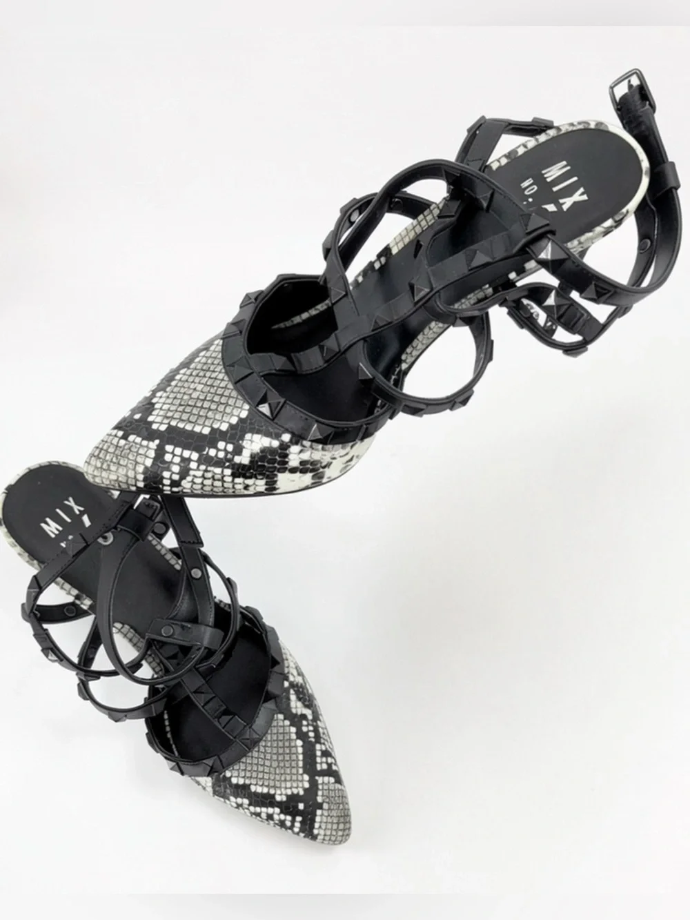 Mix No. 6 Black White Snakeskin Print Strappy Studded Pumps Heels - Size 8